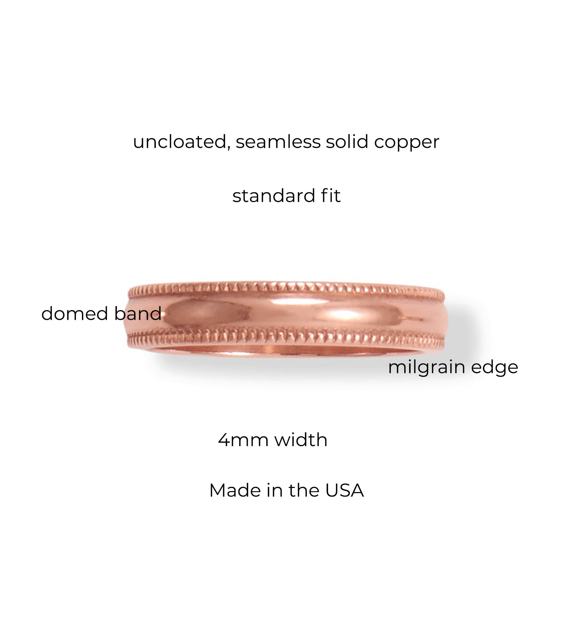 Uncoated Solid Milgrain-Edge Copper Ring, 4mm