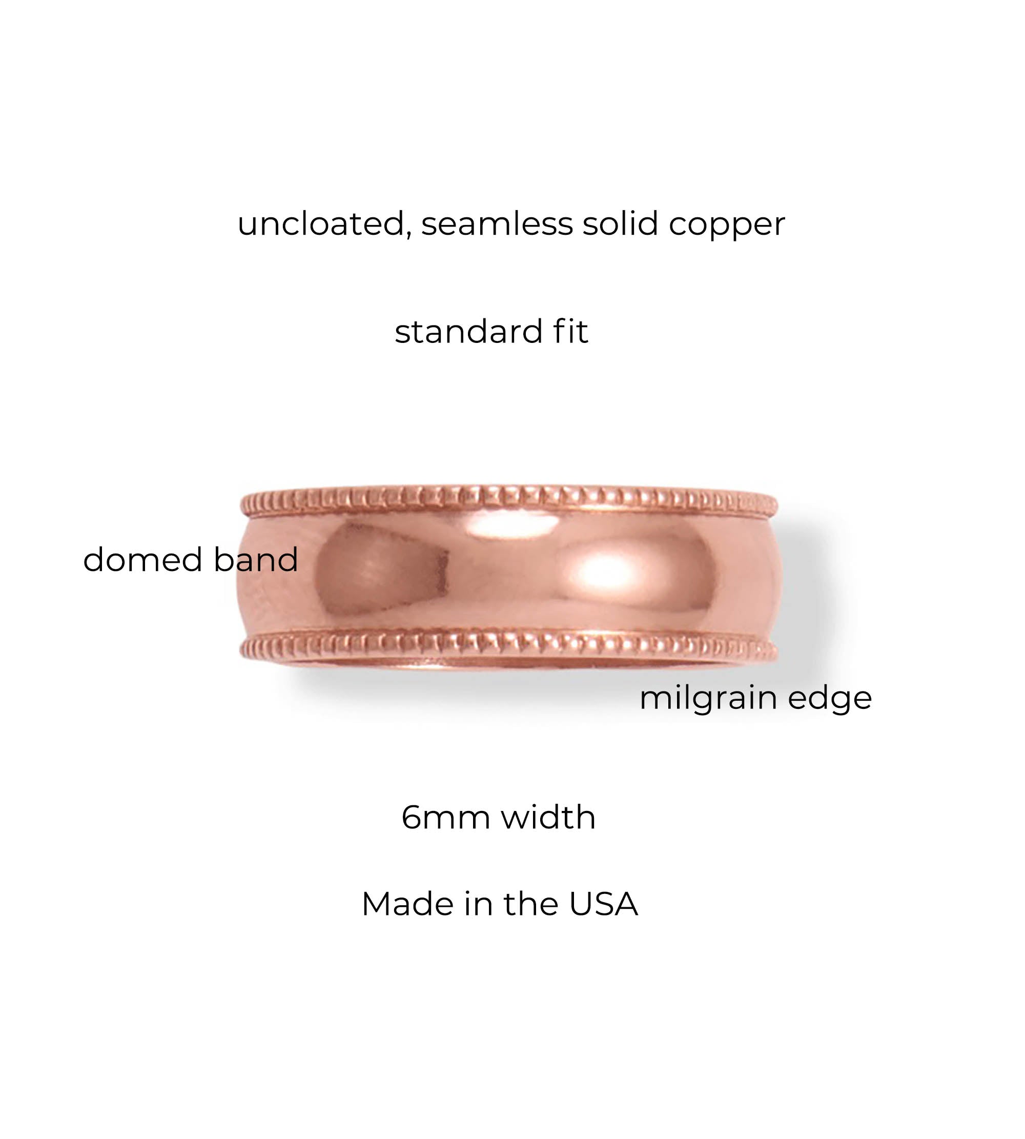 Uncoated Solid Milgrain-Edge Copper Ring, 6mm