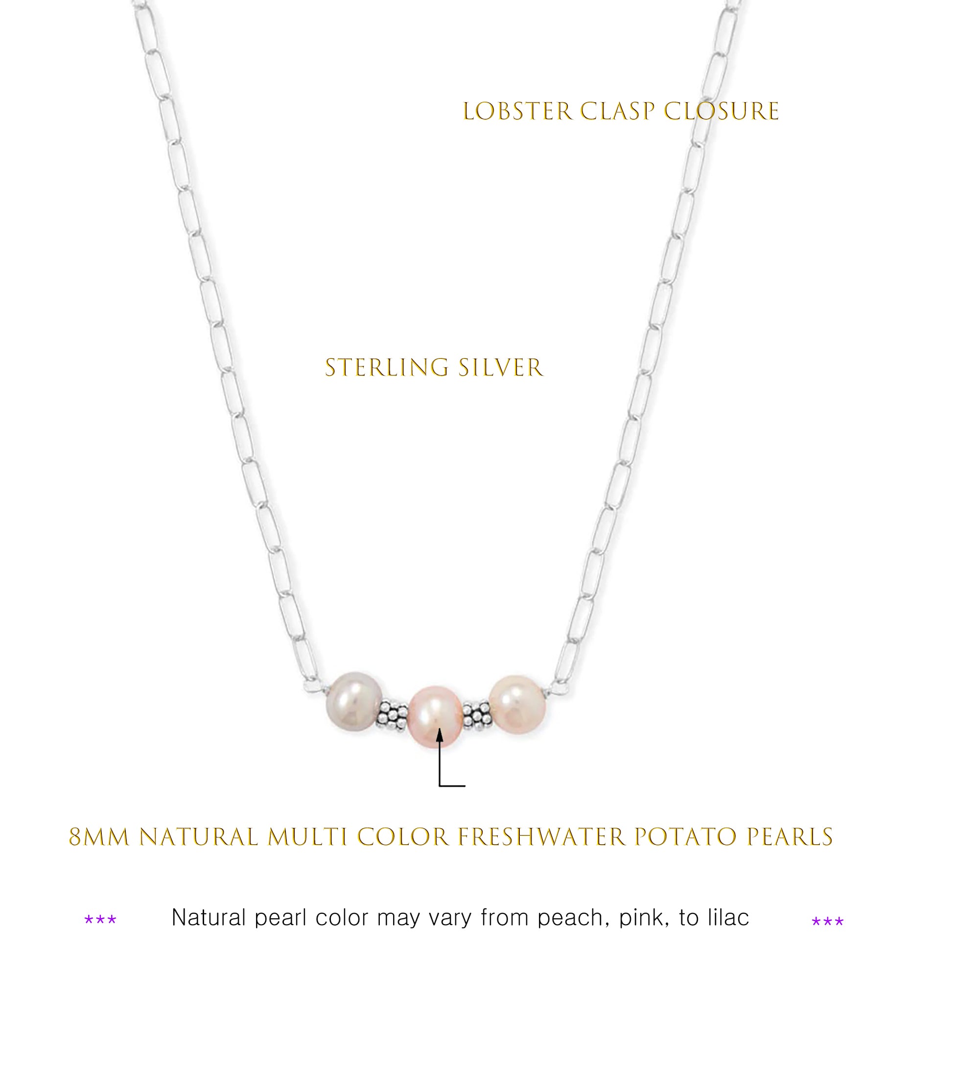 Three Color Freshwater Pearl Paperclip Necklace