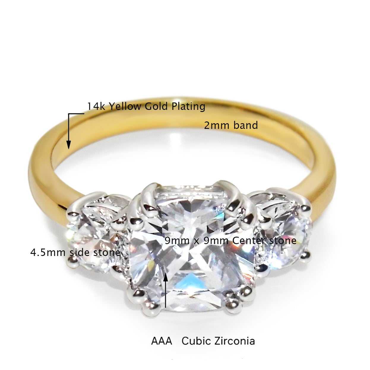Three Stone CZ Engagement Ring in Gold Finish