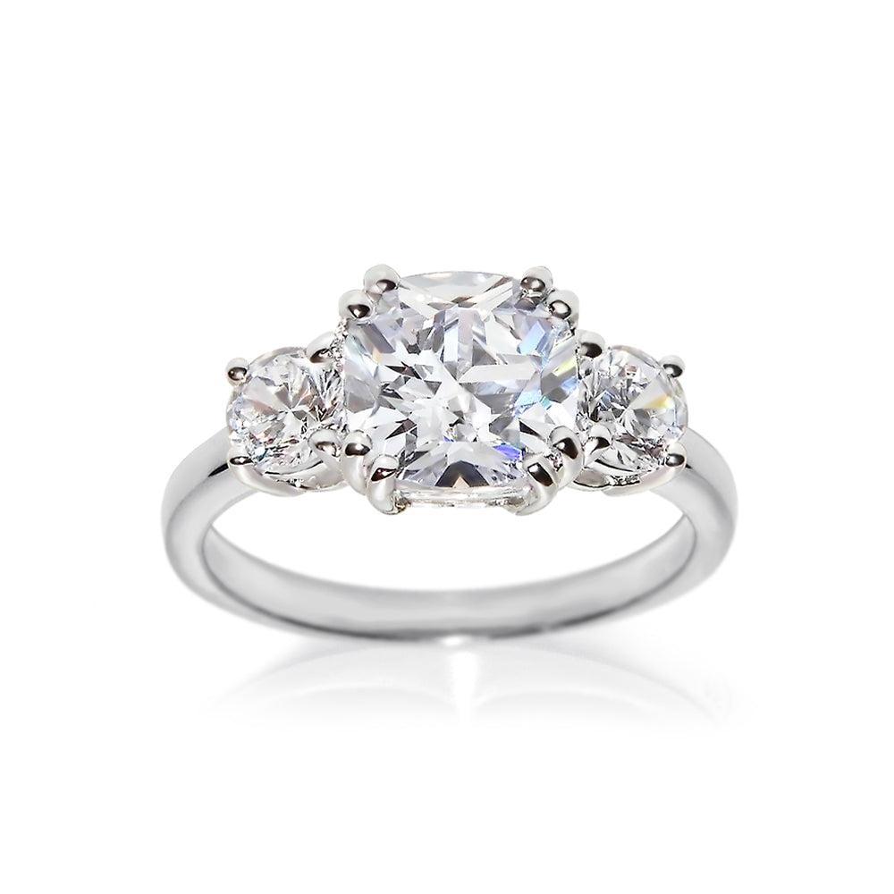 Three Stone CZ Engagement Ring in White Gold Plating