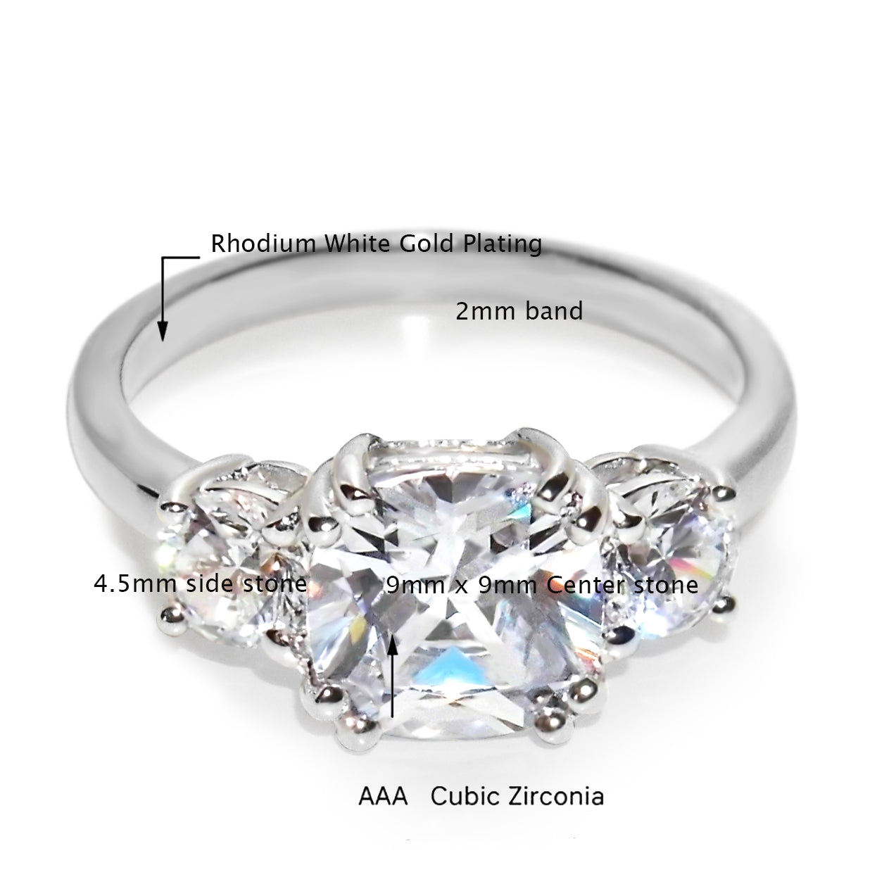 Three Stone CZ Engagement Ring in White Gold Plating