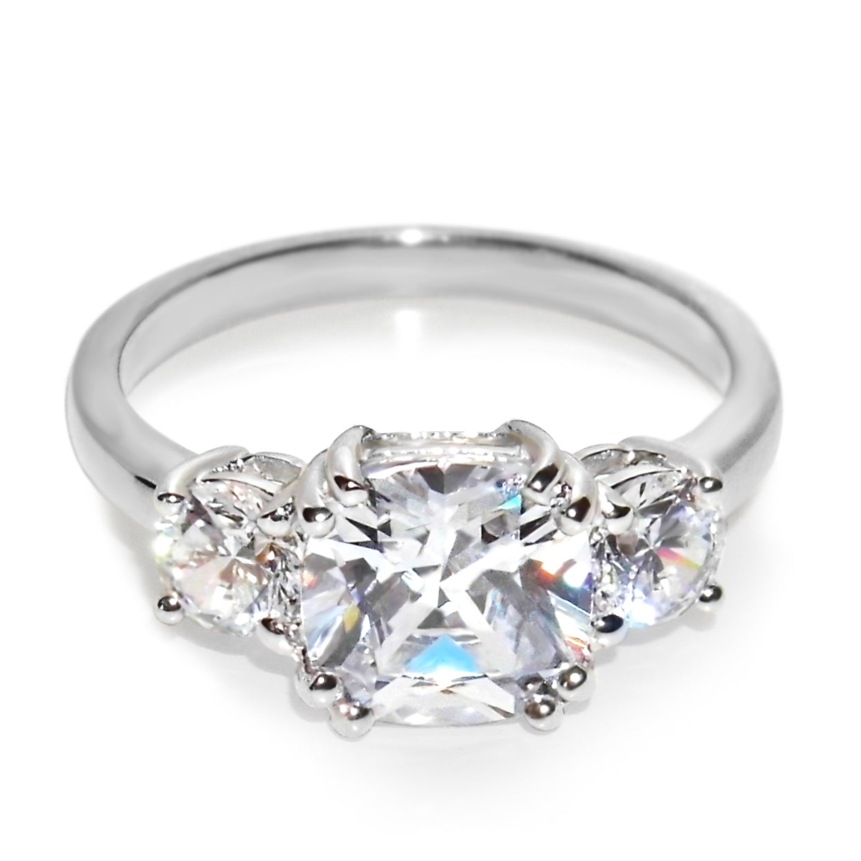 Three Stone CZ Engagement Ring in White Gold Plating
