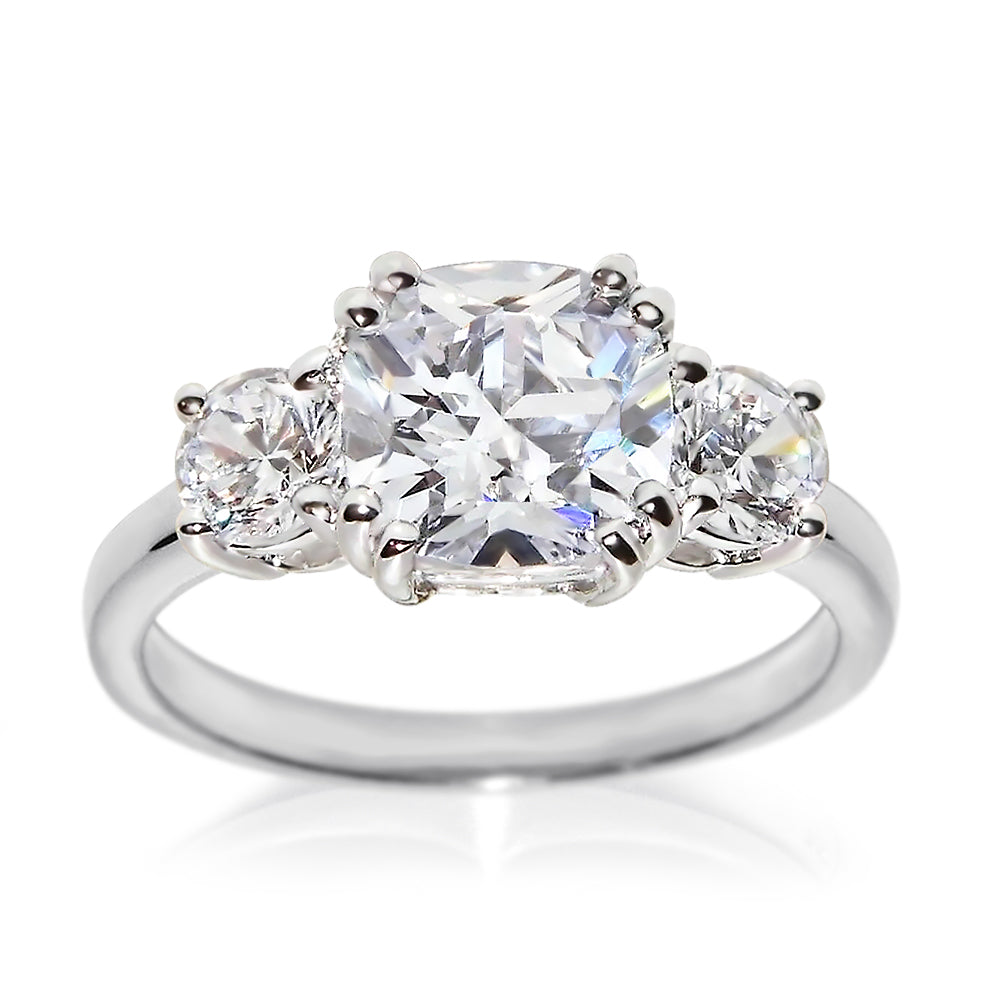 Three Stone CZ Engagement Ring in White Gold Plating