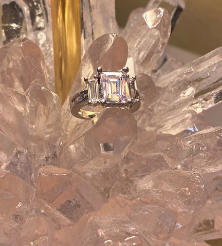 Emerald & Baguette Cut CZ 3 Stone Ring