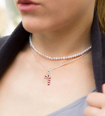 Holiday Cheers Enamel Red Candy Cane Pendant Necklace