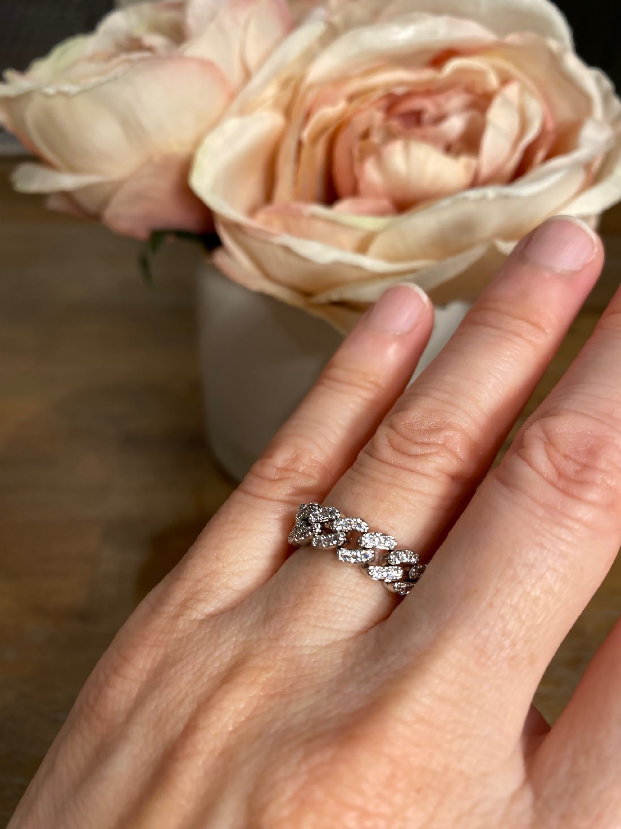 CZ Chain Ring in White Gold Plating
