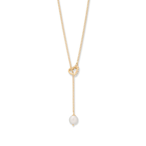 Pearl & CZ Heart Lariat Necklace in Gold Plating