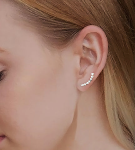 Round Bezel Set CZ Silver Ear Climbers