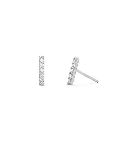 Modern Pave CZ Silver Bar Stud Earrings