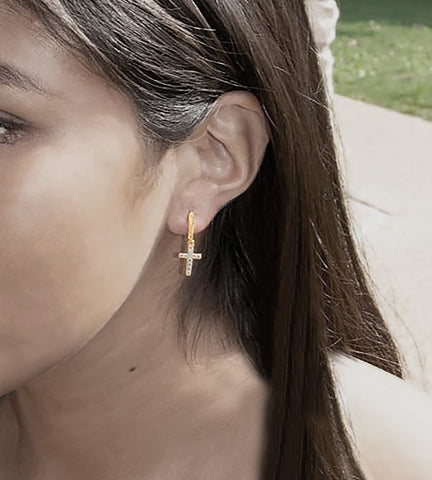 CZ Cross Dangle Hoop Earrings