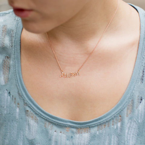 Mom Script Necklace in Rose Gold Plating
