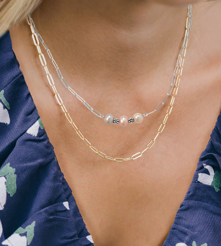 Three Color Freshwater Pearl Paperclip Necklace